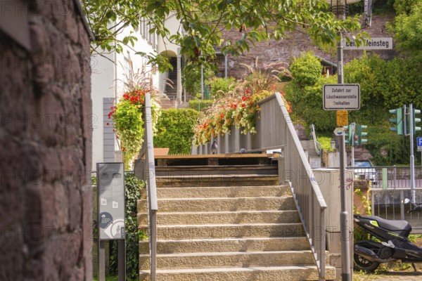 Stone staircase with floral decorations and signs, surrounded by urban architecture, small town of Perle Calw, Black Forest, Germany