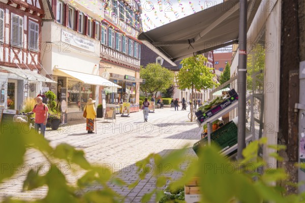Sunny street in the old town centre with shops and passers-by, surrounded by historic architecture, small town pearl Calw, Black Forest, Germany