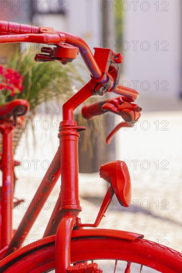 Details of a red bicycle with flower baskets, focus on the handlebars in the city, small town of Perle Calw, Black Forest, Germany
