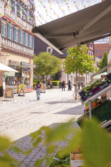 Lively old town street with local shops, sunshine and strolling people, small town pearl Calw, Black Forest, Germany