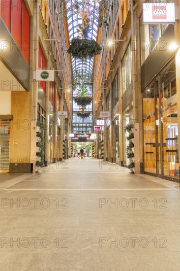 Modern shopping arcade with glass roof and decorative plants, illuminated shops, Munich, Germany