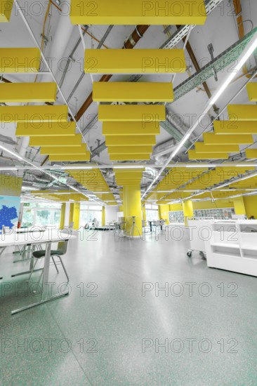 Modern library with yellow design elements, workstations and open spaces, Munich, Germany