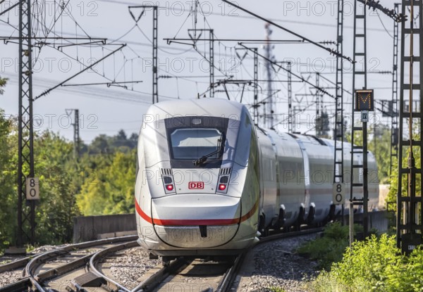 ICE en route on a railway line near Stuttgart. The so-called Schusterbahn is a bypass of Stuttgart main station and is mainly used by goods trains. Stuttgart, Baden-Württemberg, Germany