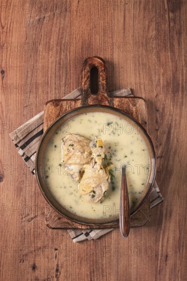 Chikhirtma chicken soup, Georgian dish, with lavash, top view, no people
