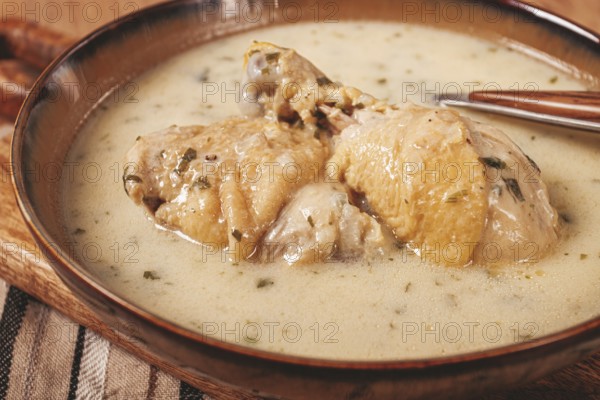 Chikhirtma chicken soup, Georgian dish, with lavash, top view, no people