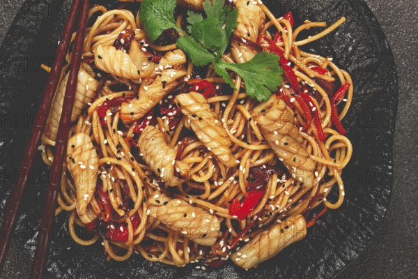 Udon noodles, with squid and vegetables, on a black plate, homemade, no people
