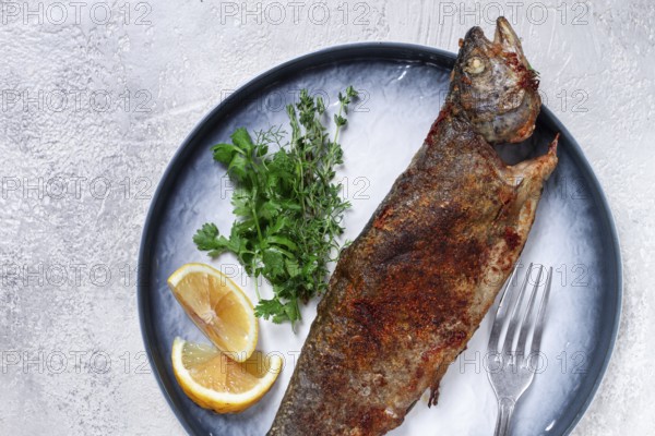 Fried rainbow trout, with herbs and citrus fruits, on a plate, top view