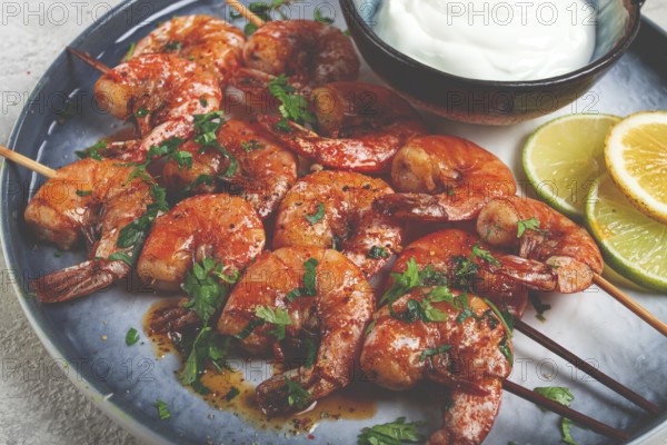 Fried shrimp, without a head, on skewers, shrimp kebabs, with spices, grilled, homemade, without people