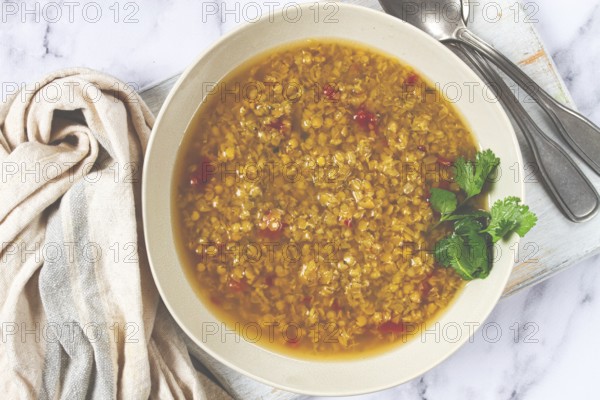 A hearty bowl of lentil soup, rich in flavor and garnished with fresh herbs, is displayed on a rustic wooden table, offering a comforting meal perfect for cold days