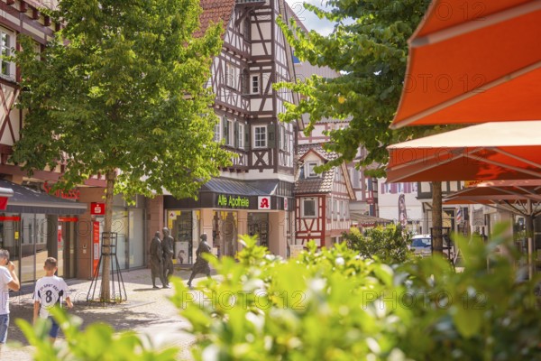 Lively pedestrian zone with half-timbered houses and green trees, small town pearl Calw, Black Forest, Germany