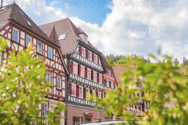 Half-timbered houses with colourful shutters in a historic old town, small town of Perle Calw, Black Forest, Germany