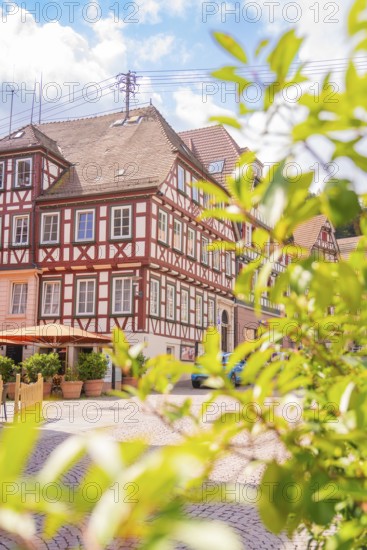 Sunny old town view with half-timbered houses and green plants, small town pearl Calw, Black Forest, Germany