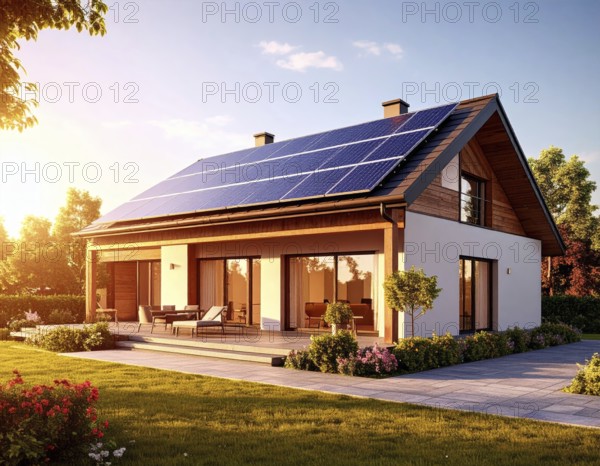 Residential house with solar panels on the roof, beautiful sunrise, AI generated