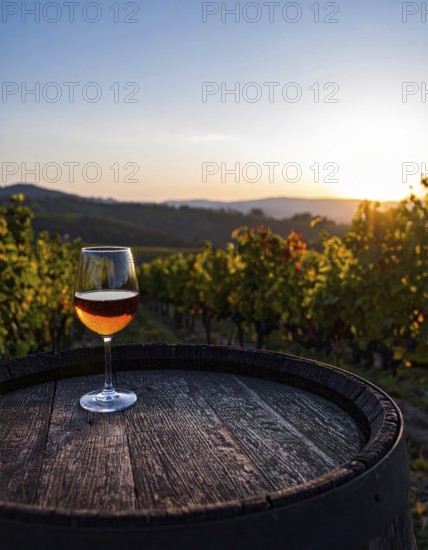 Glass of 10-year-old tawny wine placed on a barrel in a vineyard restaurant, AI generated