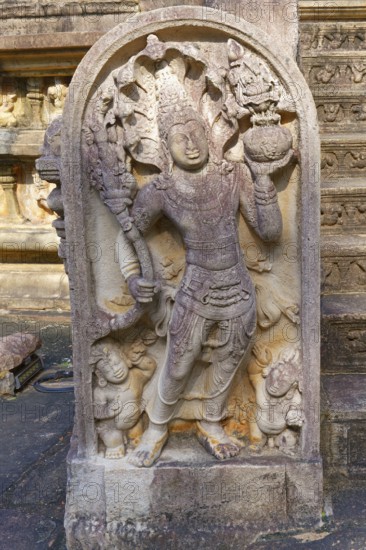 Guard stones or muragalas at the entrance of Vatadage circular temple, Polonnaruwa ruins of the garden-city created by Parakramabahu the Great in the 12th century, Polonnaruwa, Sri Lanka