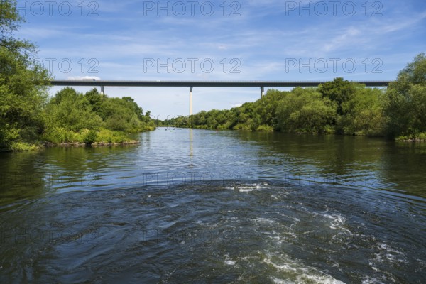 Motorway bridge A 52 over the Ruhr, from below, Mülheim an der Ruhr, Rurgebiet, North Rhine-Westphalia, Germany