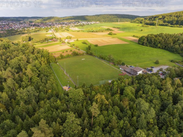Forests and fields around a settlement, sports field embedded in nature, VFL Stammheim, Calw, Black Forest, Germany