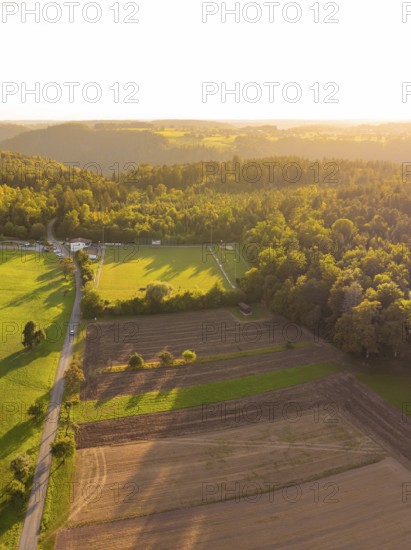 Forest and fields at sunset, long shadows on green meadows and fields, VFL Stammheim, Calw, Black Forest, Germany