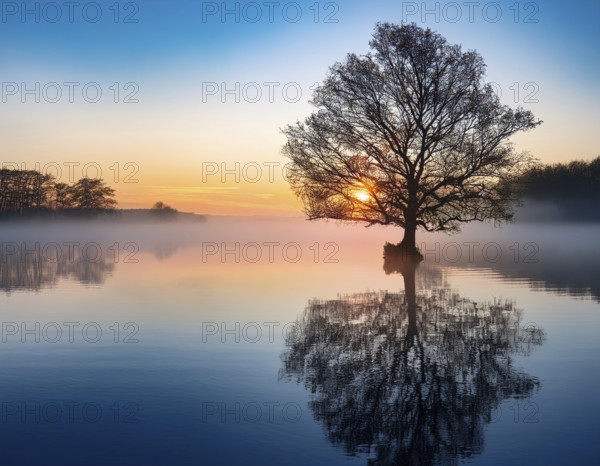 Lone single tree reflected in the still waters of a foggy lake at sunrise, AI generated