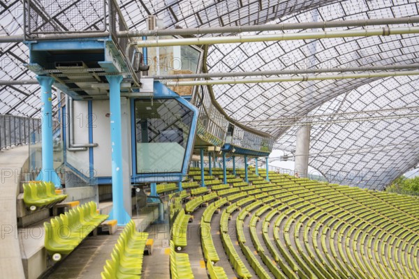 Modern technical area in the stadium with a view of the rows of seats, Olympiapark, Munich, Germany
