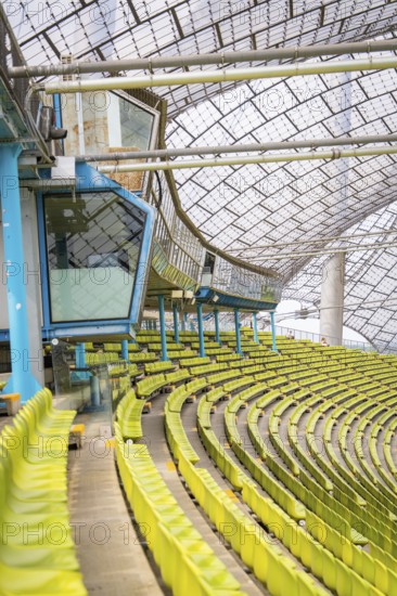 Technical area in the stadium with a view of the stands and modern elements, Olympic Park, Munich, Germany