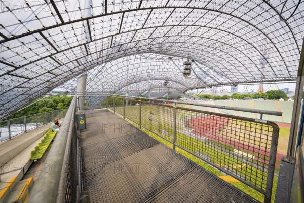 Viewing platform in the stadium under a futuristic roof, Olympic Park, Munich, Germany