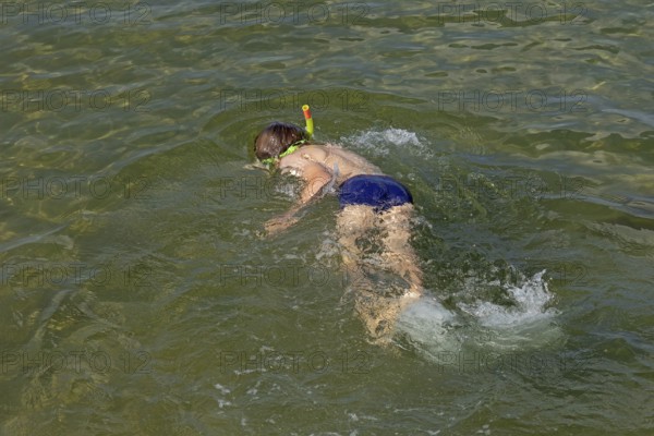 Little boy snorkelling in the sea, Kiel Fjord, Falckenstein, Kiel, Schleswig-Holstein, Germany