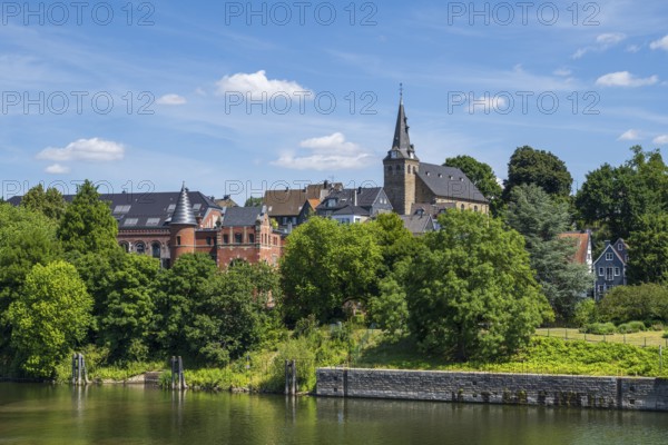 City view with the Ruhr, church at the market, old town, Kettwig, Essen, Rur area, North Rhine-Westphalia, Germany