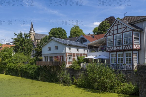 Town view at the Mühlengraben, church at the market, Kettwig, Essen, Rur region, North Rhine-Westphalia, Germany