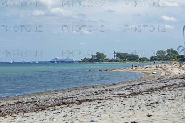 Beach, lighthouse Bülk, Color Line ship, sailing boats, Strande, Schleswig-Holstein, Germany