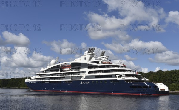Luxury cruise ship LE LAPEROUSE sails through the Kiel Canal, Kiel Canal, Kiel Canal, Schleswig-Holstein, Germany