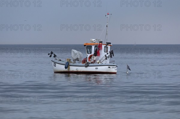 Fishing boat off Falckenstein Strand, Kiel Fjord, Kiel, Schleswig-Holstein, Germany