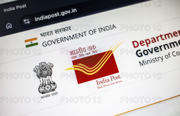New Delhi, India – August 23, 2025: In this photo illustration, the India Post logo is seen on a digital display. The Indian Department of Posts has announced a temporary suspension of most postal services to the United States from Aug 25