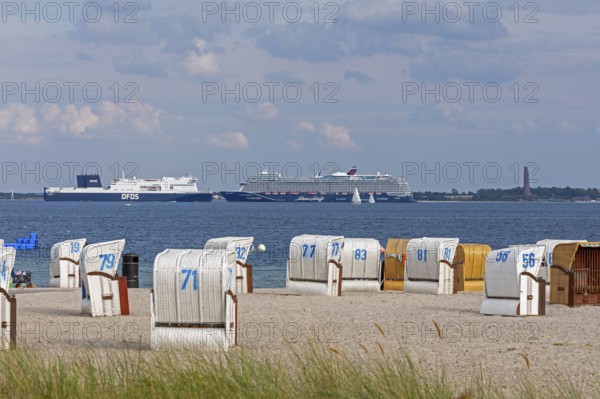 Cruise ship Mein Schiff 7, DFDS ferry, Laboe naval memorial, Kiel Fjord, beach chairs on the beach at Strande, Schleswig-Holstein, Germany
