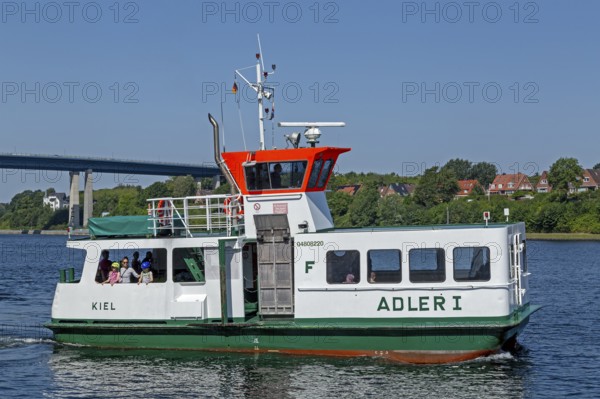 Passenger ferry Adler 1, Holtenauer Hochbrücken, Kiel Canal, Kiel, Schleswig-Holstein, Germany