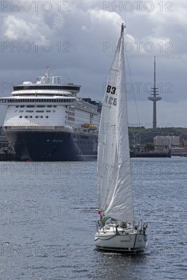 Color Line ferry Color Magic, sailing boat, harbour, television tower, Kiel, Schleswig-Holstein, Germany