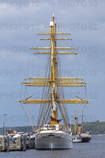 Sailing training ship Gorch Fock moored in the harbour, Kiel, Schleswig-Holstein, Germany