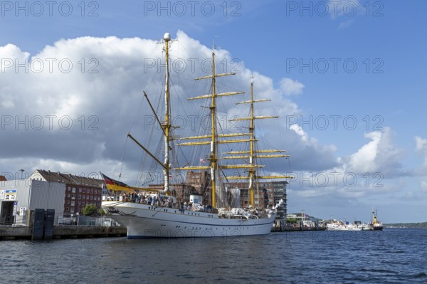 Sailing training ship Gorch Fock moored in the harbour, Kiel, Schleswig-Holstein, Germany