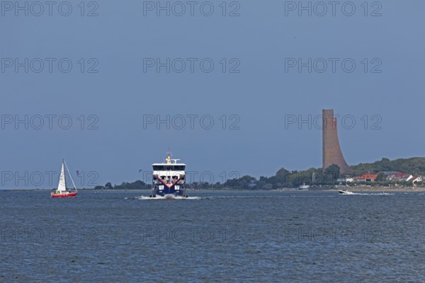 Sailing boat, fjord ferry, naval memorial, Laboe, Kiel Fjord, Schleswig-Holstein, Germany