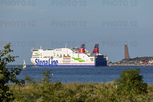 Sailing boat, Stena Line ferry Stena Scandinavica, naval memorial, Laboe, Kiel Fjord, Schleswig-Holstein, Germany