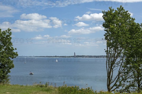 View from Schilcksee, Kiel, to naval memorial, Laboe, Kiel Fjord, Schleswig-Holstein, Germany