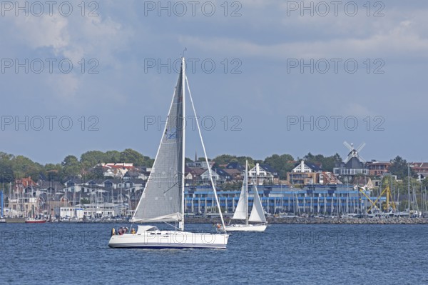 Sailing boats, houses, windmill, Laboe, Kiel Fjord, Schleswig-Holstein, Germany