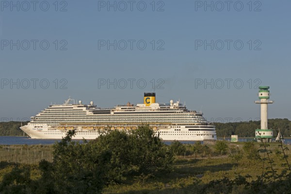 Cruise ship Costa Diadema, lighthouse Friedrichsort, Kiel Fjord, Kiel, Schleswig-Holstein, Germany