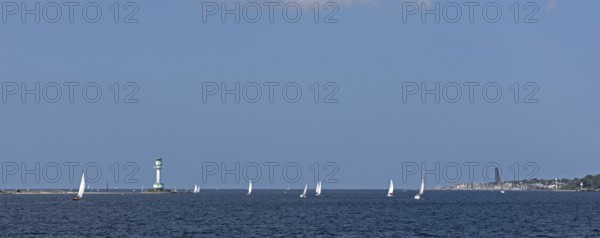 Panoramic picture, lighthouse Friedrichsort, sailing boats, naval memorial, Laboe, Kiel Fjord, Kiel, Schleswig-Holstein, Germany