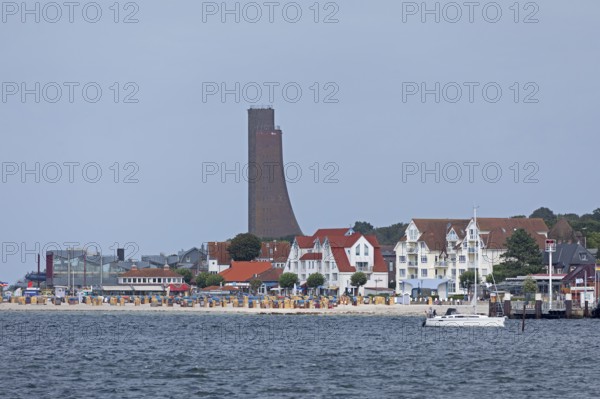 Naval memorial, houses, beach, Laboe, Kiel Fjord, Schleswig-Holstein, Germany