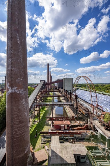 The Zollverein coking plant, backdrop to the once largest central coking plant in Europe, closed in 1993, part of the Zollverein Coal Mine Industrial Complex UNESCO World Heritage Site, Essen, North Rhine-Westphalia, Germany