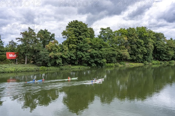 The Rhine-Herne Canal in Gelsenkrichen, art project Bilder am Kanal, courage, panel no. 9/15, opposite the Bismarck harbour, project of the Kulturkanal, part of the Capital of Culture RUHR.2010, North Rhine-Westphalia, Germany