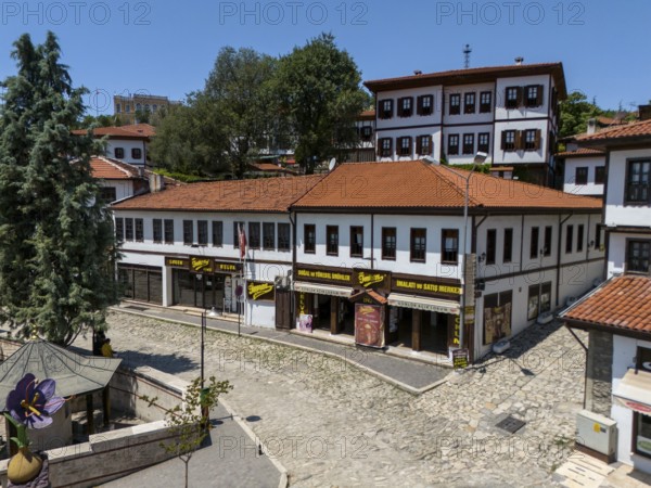 Buildings with red roofs and shops on a sunny day in a quiet, tree-lined street, aerial view, traditional Ottoman konaks, Safranbolu, UNESCO World Heritage Site, Karabük Province, Black Sea Region, Central Anatolia, Turkey