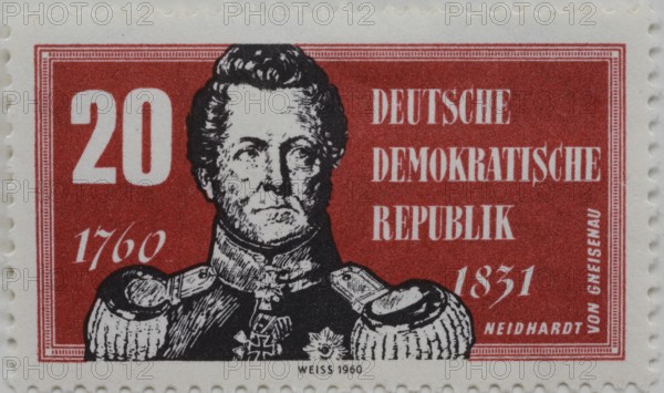 August Neidhard, Graf von Gneisenau, 1760, 1831, Prussian Field Marshall, portrait on a German post stamp