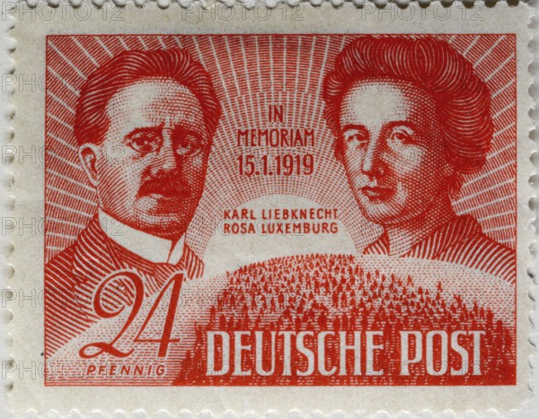Karl Liebknecht, a German socialist and Rosa Luxemburg, a Marxist theorist, philosopher, economist and revolutionary socialist, Portrait on a German post stamp